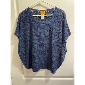 Ruby Rd. Petite Women's Navy Blue Crochet Top Size S Casual Blouse